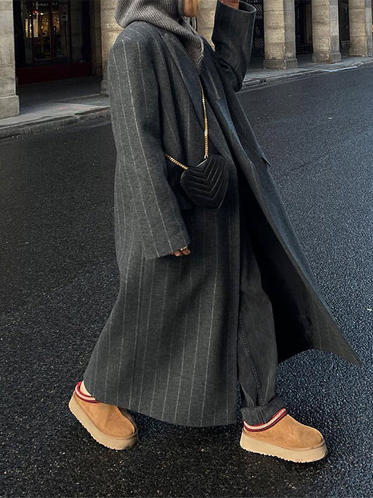 Rosamund | Dark Grey Pinstripe Oversized Longline Belted Coat