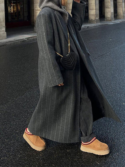 Rosamund | Dark Grey Pinstripe Oversized Longline Belted Coat