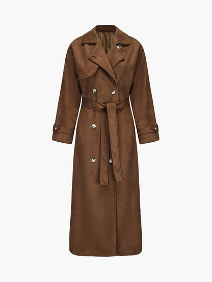 Clemency | Vegan Suede Double-Breasted Belted Maxi Trench Coat