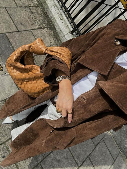 Clemency | Vegan Suede Double-Breasted Belted Maxi Trench Coat