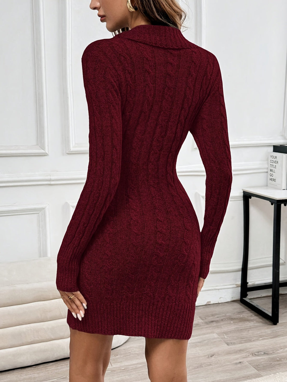 Georgette | Cable Knit V-Neck Mini Dress with Gold Buttons