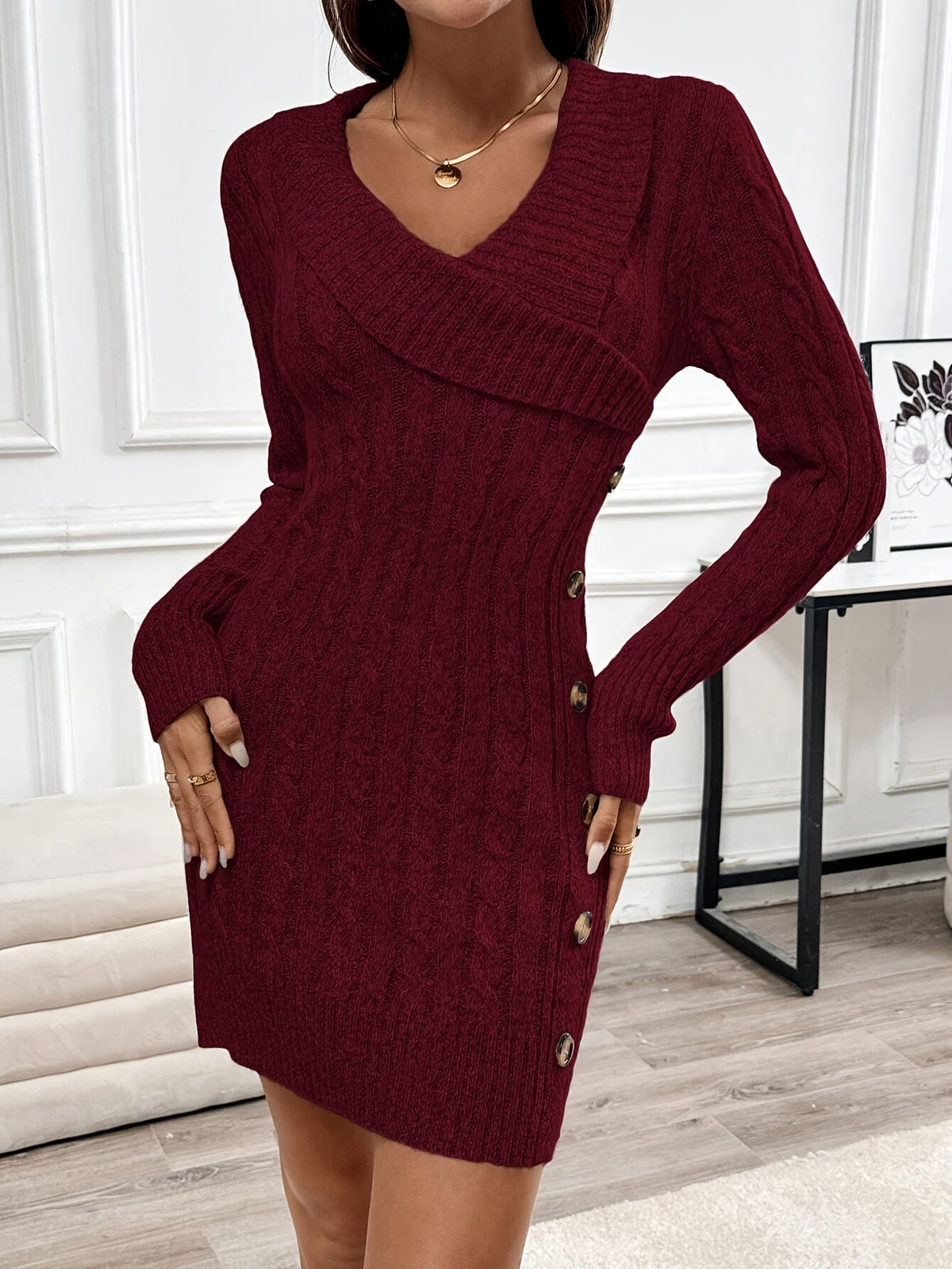 Georgette | Cable Knit V-Neck Mini Dress with Gold Buttons