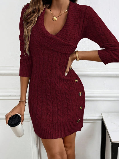 Georgette | Cable Knit V-Neck Mini Dress with Gold Buttons