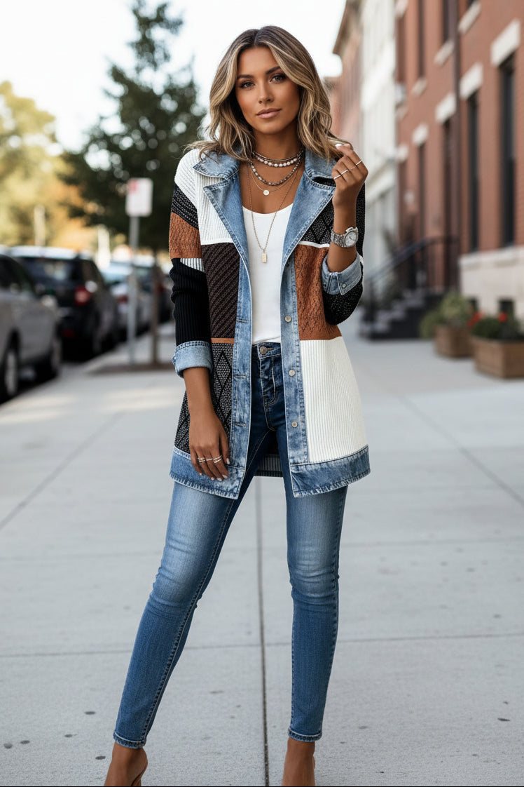 Lilith | Denim Collar Colour Block Knit Cardigan Jacket
