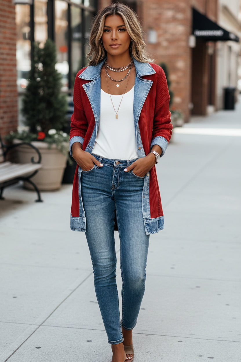 Lilith | Denim Collar Colour Block Knit Cardigan Jacket
