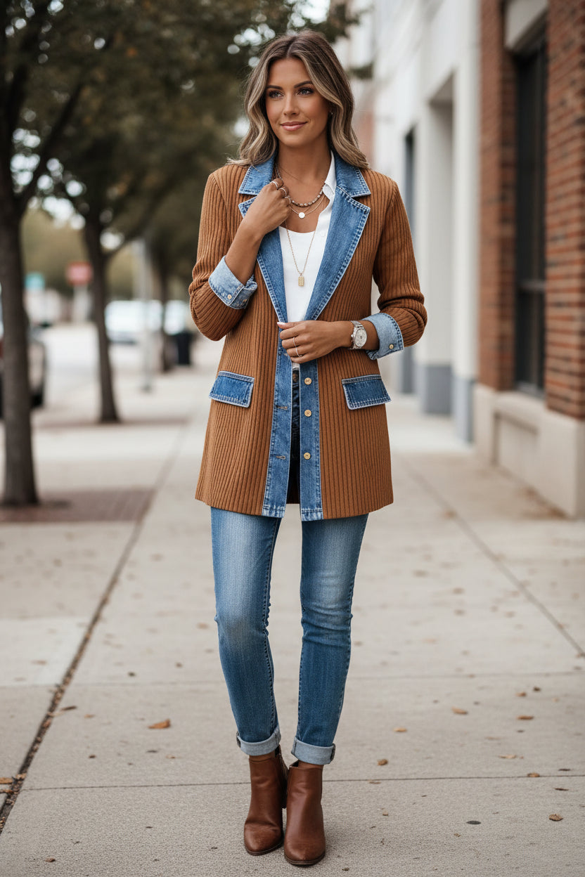 Lilith | Denim Collar Colour Block Knit Cardigan Jacket