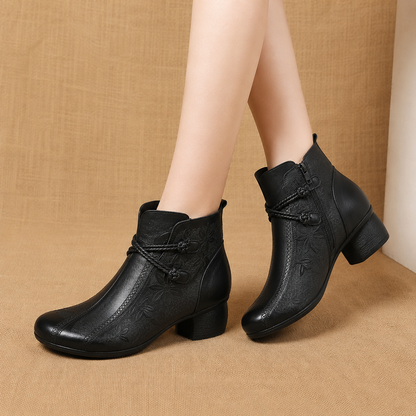 Poppy | Leather Ankle Boots with Leaf Detail and Block Heel
