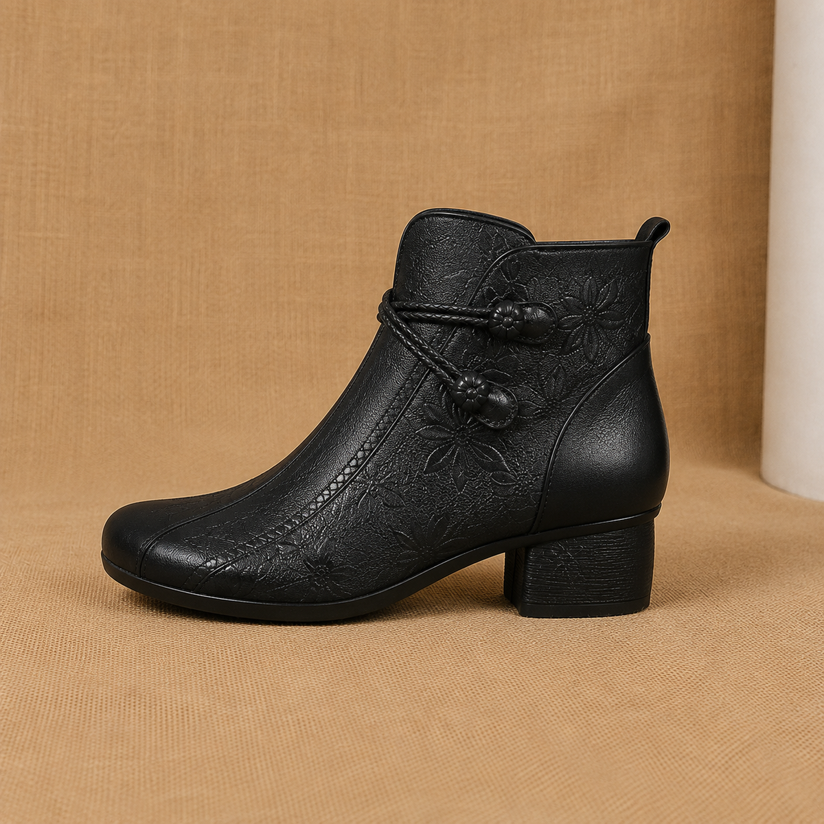 Poppy | Leather Ankle Boots with Leaf Detail and Block Heel