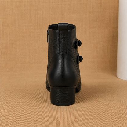 Poppy | Leather Ankle Boots with Leaf Detail and Block Heel