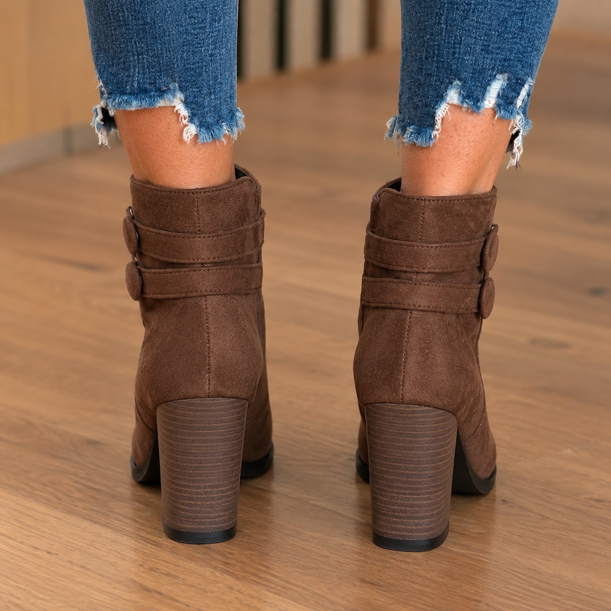 Fiora | Faux Suede Heeled Ankle Boots with Double Buckle Strap