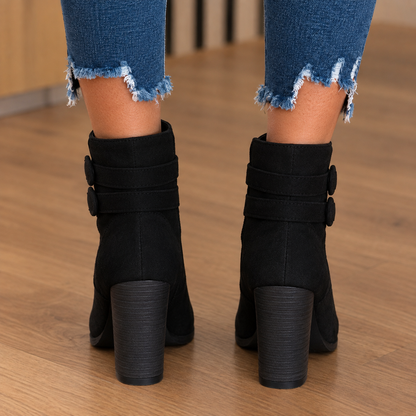 Fiora | Faux Suede Heeled Ankle Boots with Double Buckle Strap
