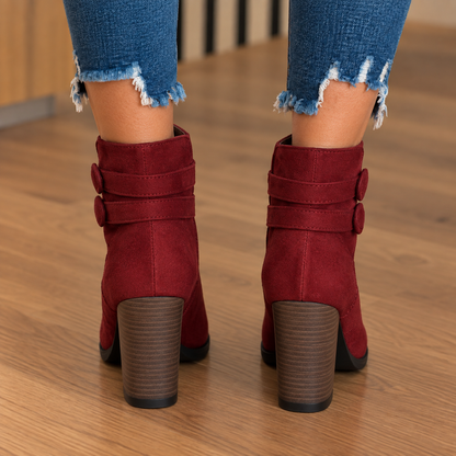 Fiora | Faux Suede Heeled Ankle Boots with Double Buckle Strap