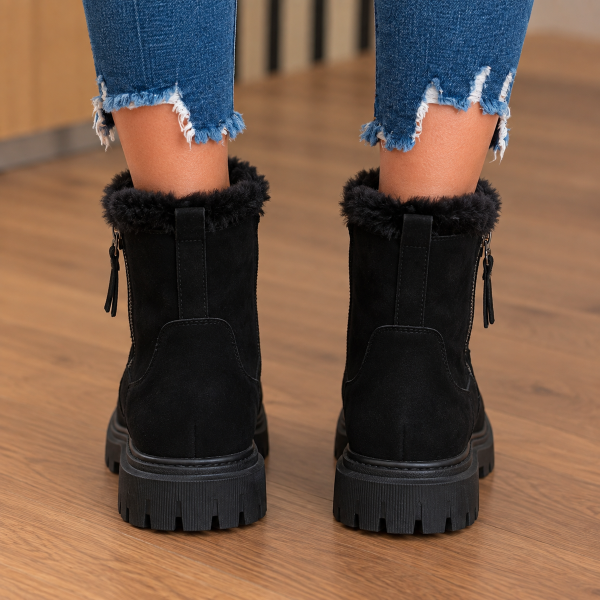 Kirsty | Fur Trim Faux Suede Chunky Sole Ankle Boots