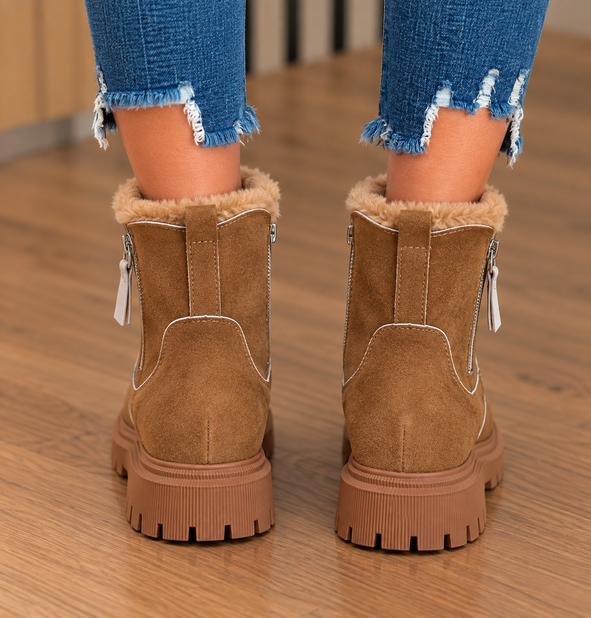 Gretchen | Fur Trim Faux Suede Chunky Lug Sole Winter Ankle Boots