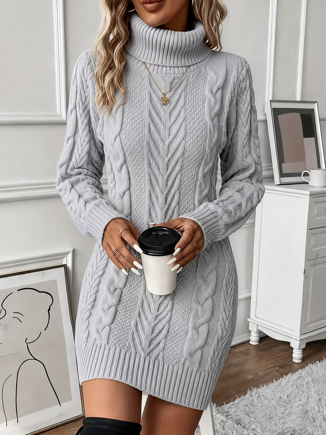 Octavie | Turtleneck Cable Knit Mini Jumper Dress