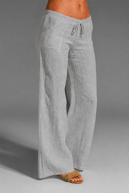 Bree | Wide Leg Linen-Style Drawstring Trousers with Patch Pockets