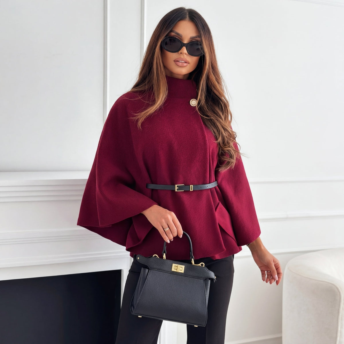 Rilla | Cape Sleeve High Neck Knit Jumper with Gold Button