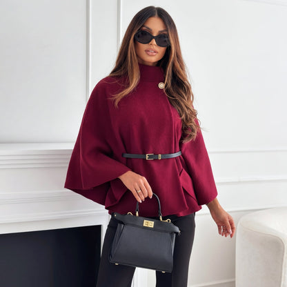 Rilla | Cape Sleeve High Neck Knit Jumper with Gold Button