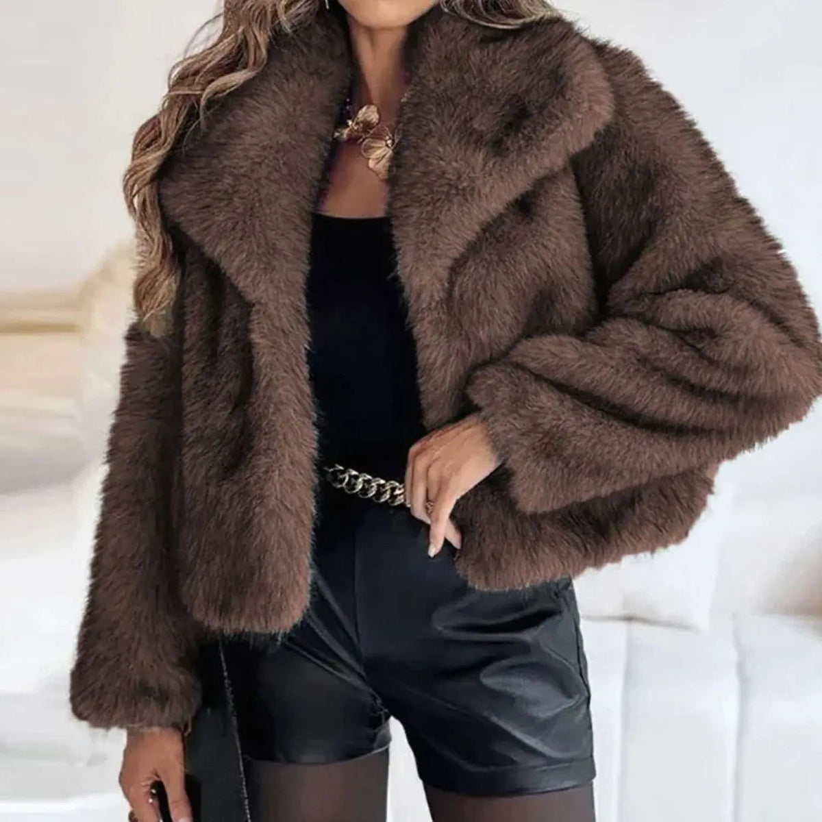 Bethany | Chic Cropped Open-Front Fur Jacket with Wide Lapels
