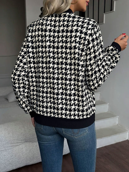 Molly | Chic Houndstooth Bomber Jacket with Black Ribbed Trim