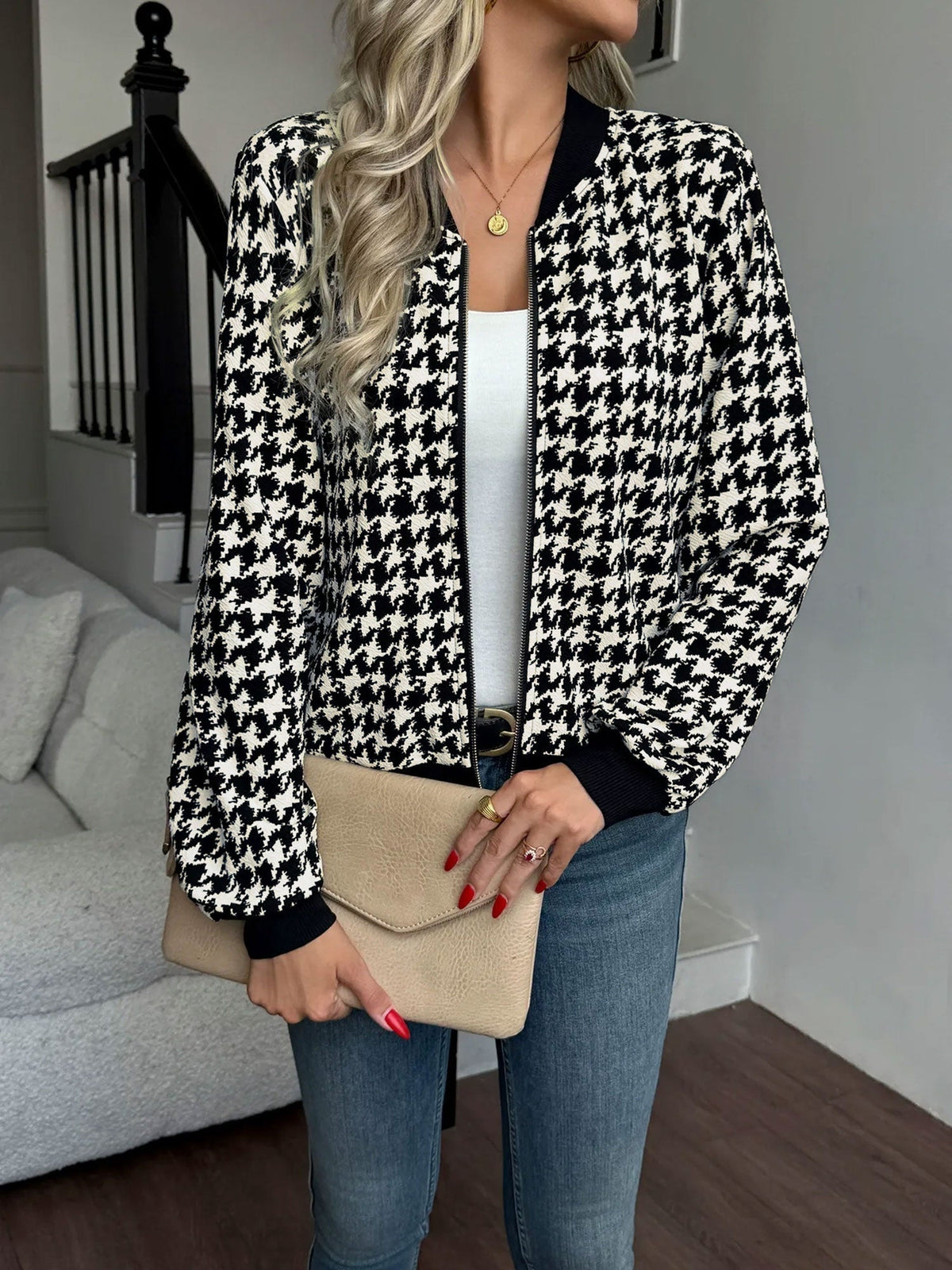 Molly | Chic Houndstooth Bomber Jacket with Black Ribbed Trim
