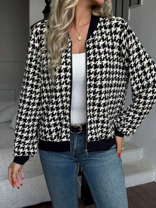 Molly | Chic Houndstooth Bomber Jacket with Black Ribbed Trim