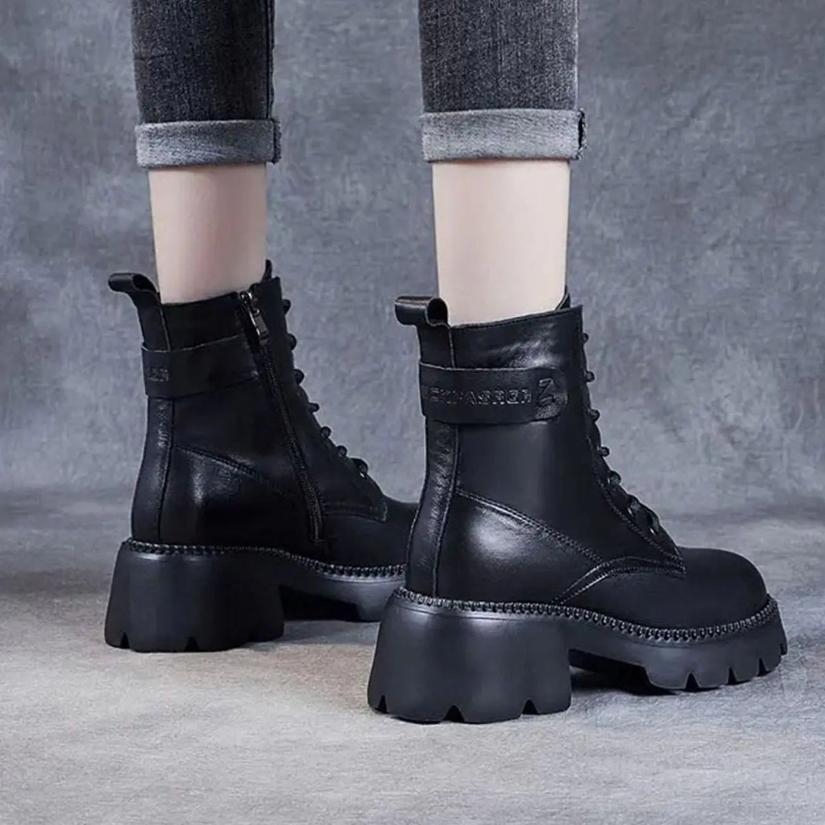 Rosalind | Chunky Platform Lace-Up Leather Ankle Boots with Side Zip