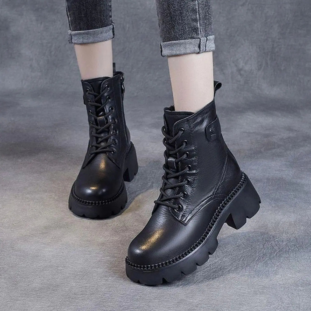 Rosalind | Chunky Platform Lace-Up Leather Ankle Boots with Side Zip