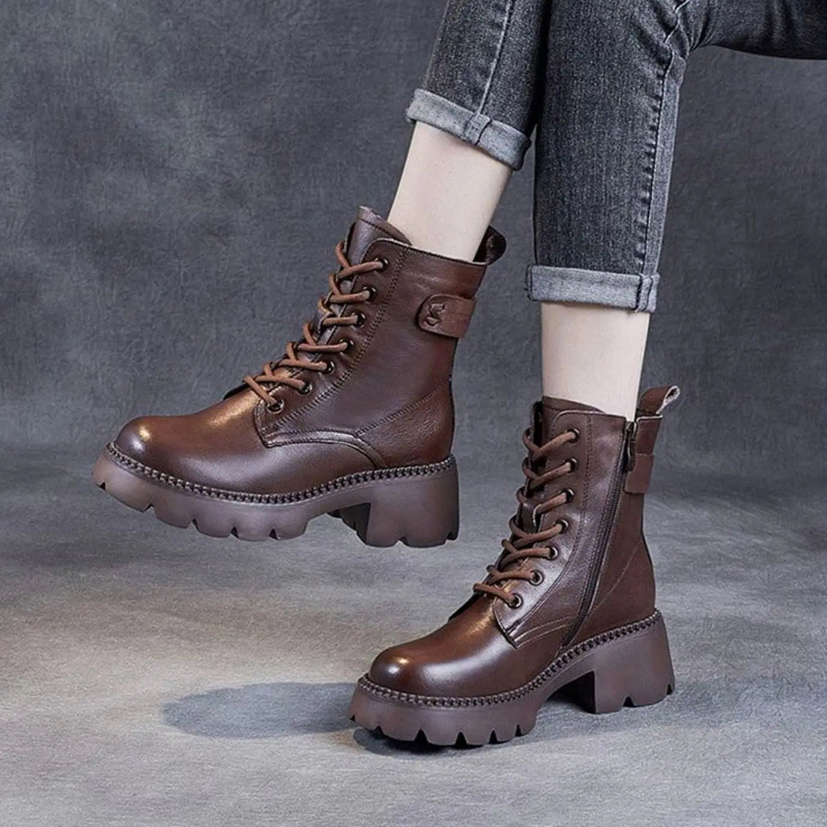 Rosalind | Chunky Platform Lace-Up Leather Ankle Boots with Side Zip