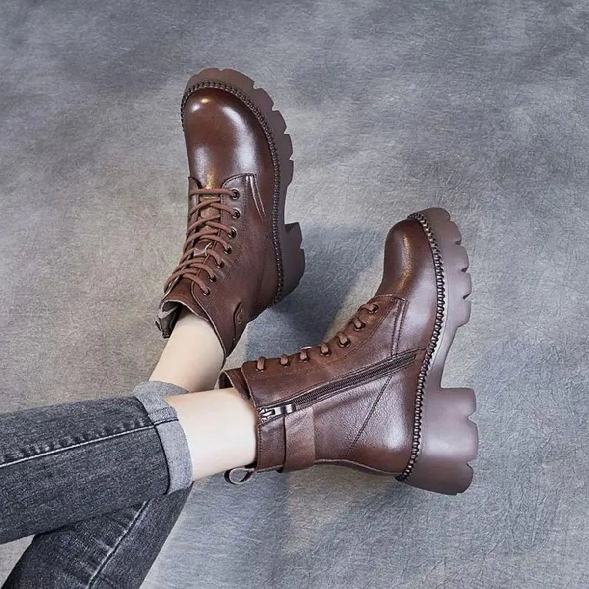 Rosalind | Chunky Platform Lace-Up Leather Ankle Boots with Side Zip
