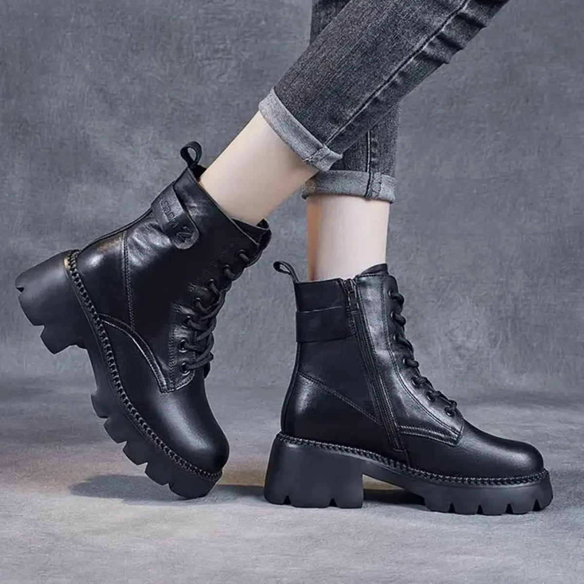 Rosalind | Chunky Platform Lace-Up Leather Ankle Boots with Side Zip