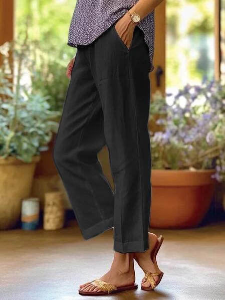Elsie | Cropped Linen-Style Straight Leg Trousers with Turn-Up Hem