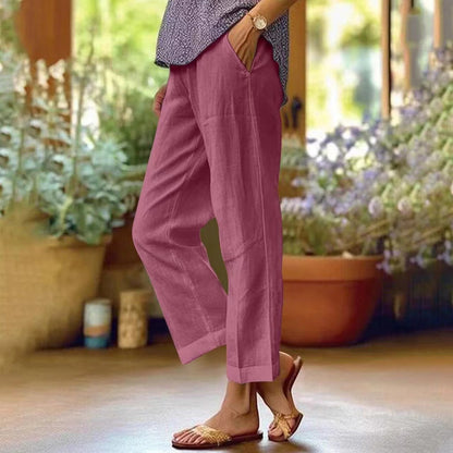 Elsie | Cropped Linen-Style Straight Leg Trousers with Turn-Up Hem