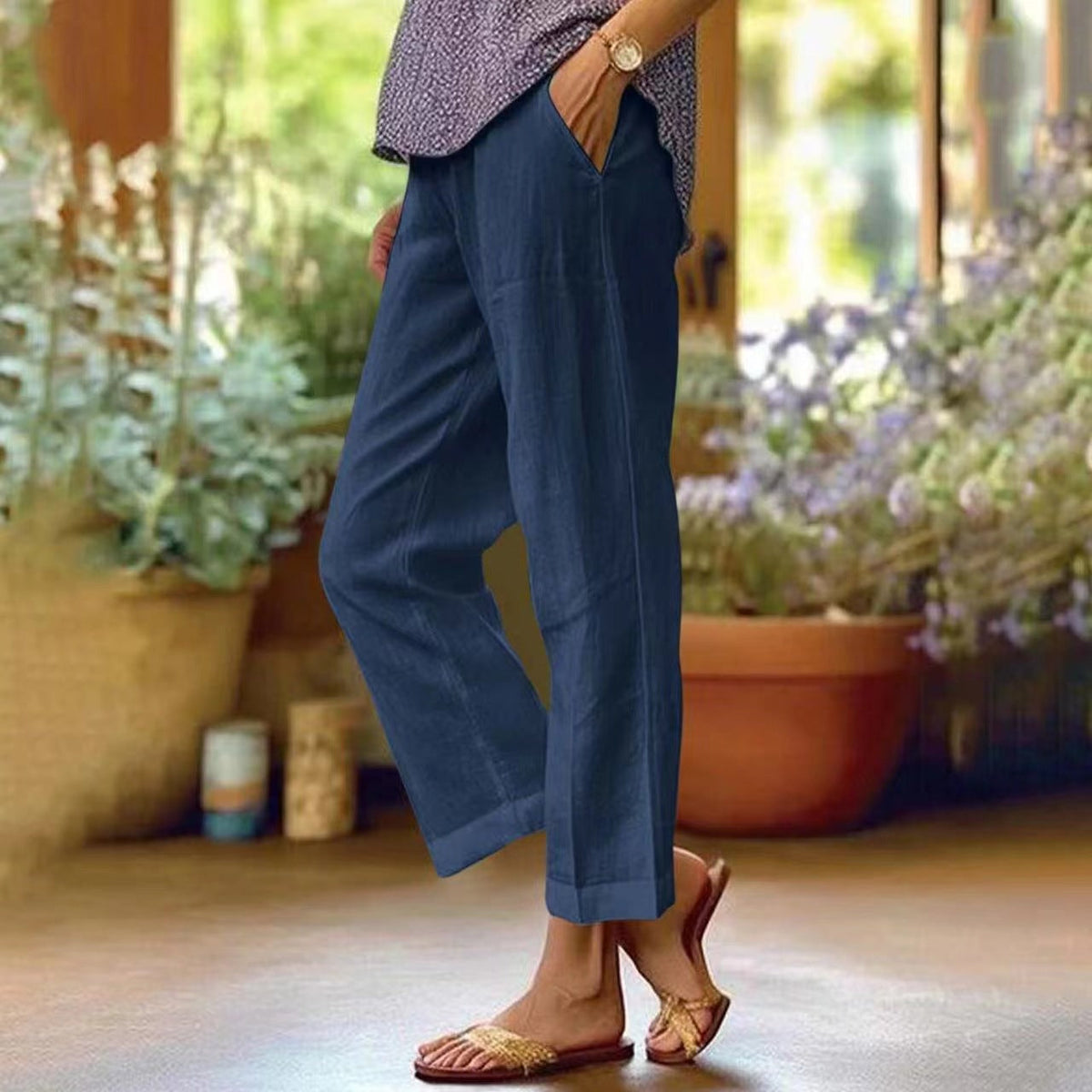 Elsie | Cropped Linen-Style Straight Leg Trousers with Turn-Up Hem
