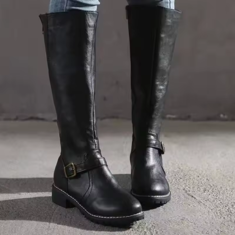 Willow | Classic Leather Knee High Boots with Buckle Strap and Block Heel