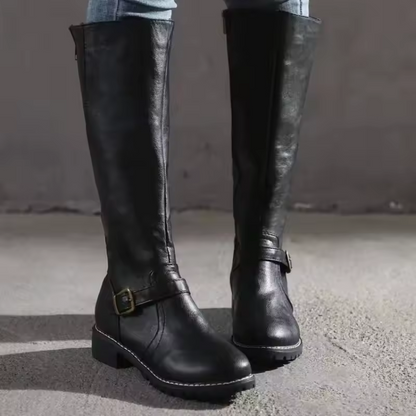Willow | Classic Leather Knee High Boots with Buckle Strap and Block Heel