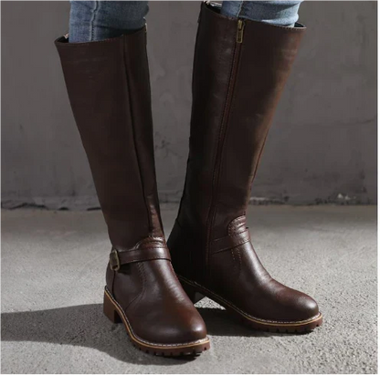 Willow | Classic Leather Knee High Boots with Buckle Strap and Block Heel