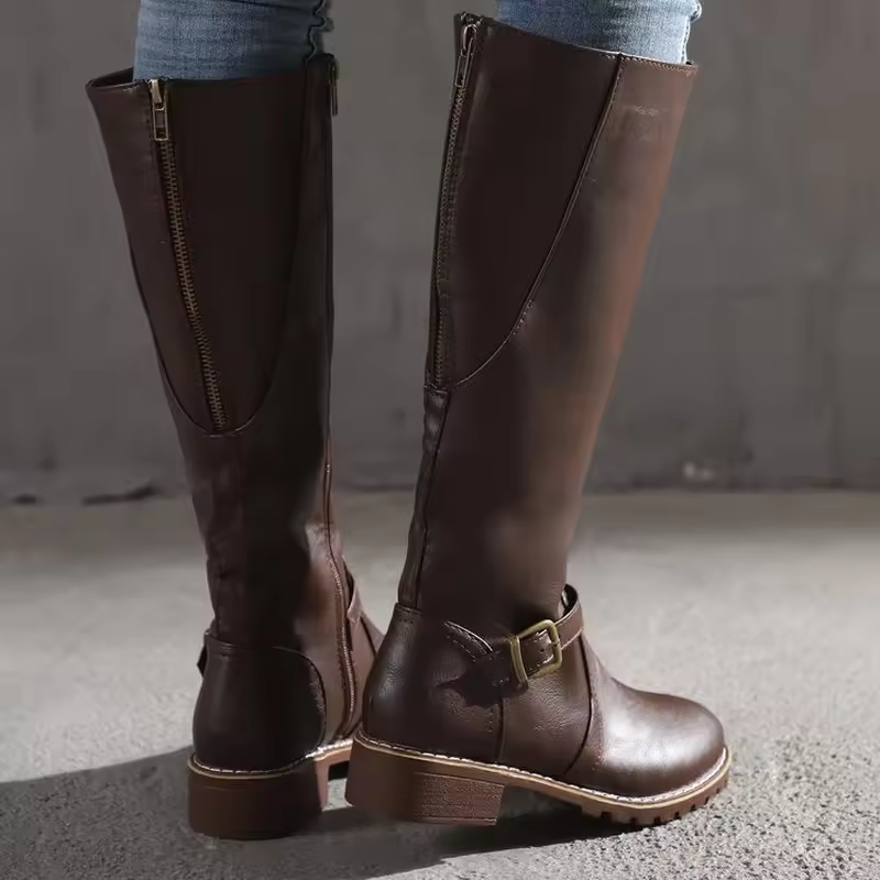 Willow | Classic Leather Knee High Boots with Buckle Strap and Block Heel