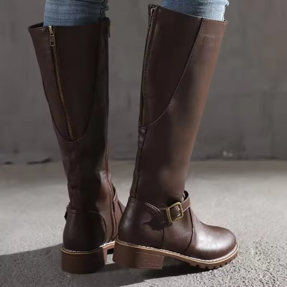 Willow | Classic Leather Knee High Boots with Buckle Strap and Block Heel