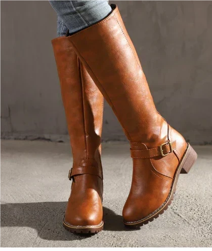 Willow | Classic Leather Knee High Boots with Buckle Strap and Block Heel