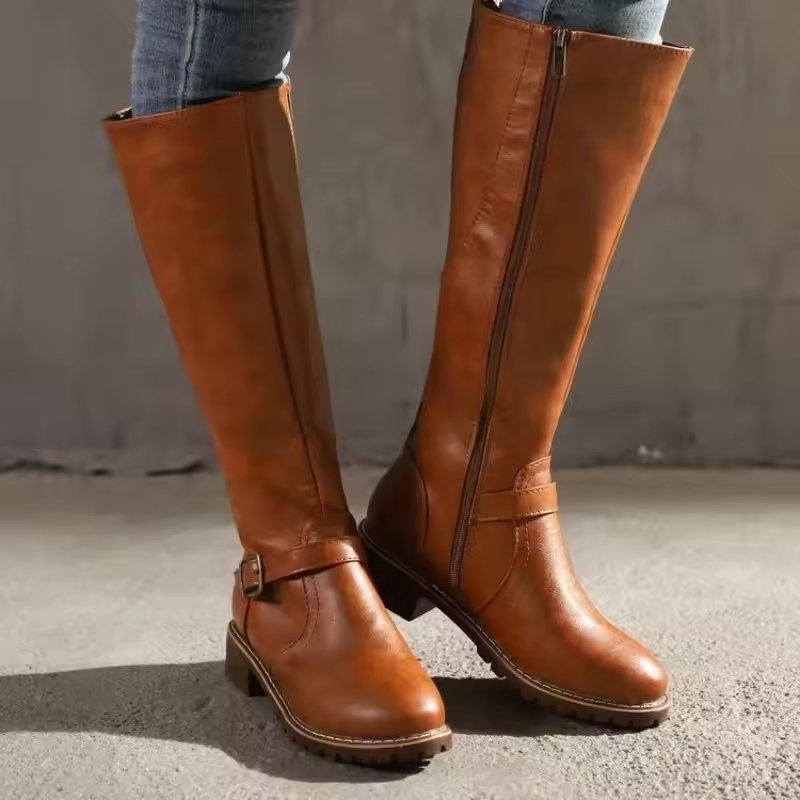 Willow | Classic Leather Knee High Boots with Buckle Strap and Block Heel
