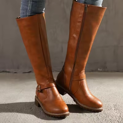 Willow | Classic Leather Knee High Boots with Buckle Strap and Block Heel