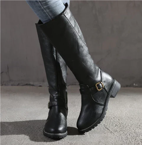 Willow | Classic Leather Knee High Boots with Buckle Strap and Block Heel
