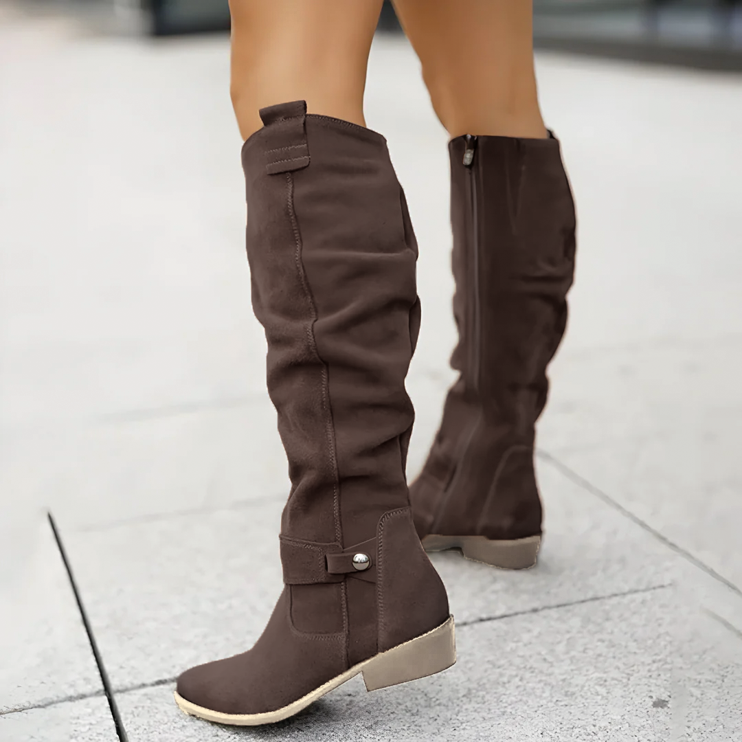 Florence | Suede Slouch Ankle Strap Block Heel Knee High Boots