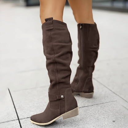 Florence | Suede Slouch Ankle Strap Block Heel Knee High Boots