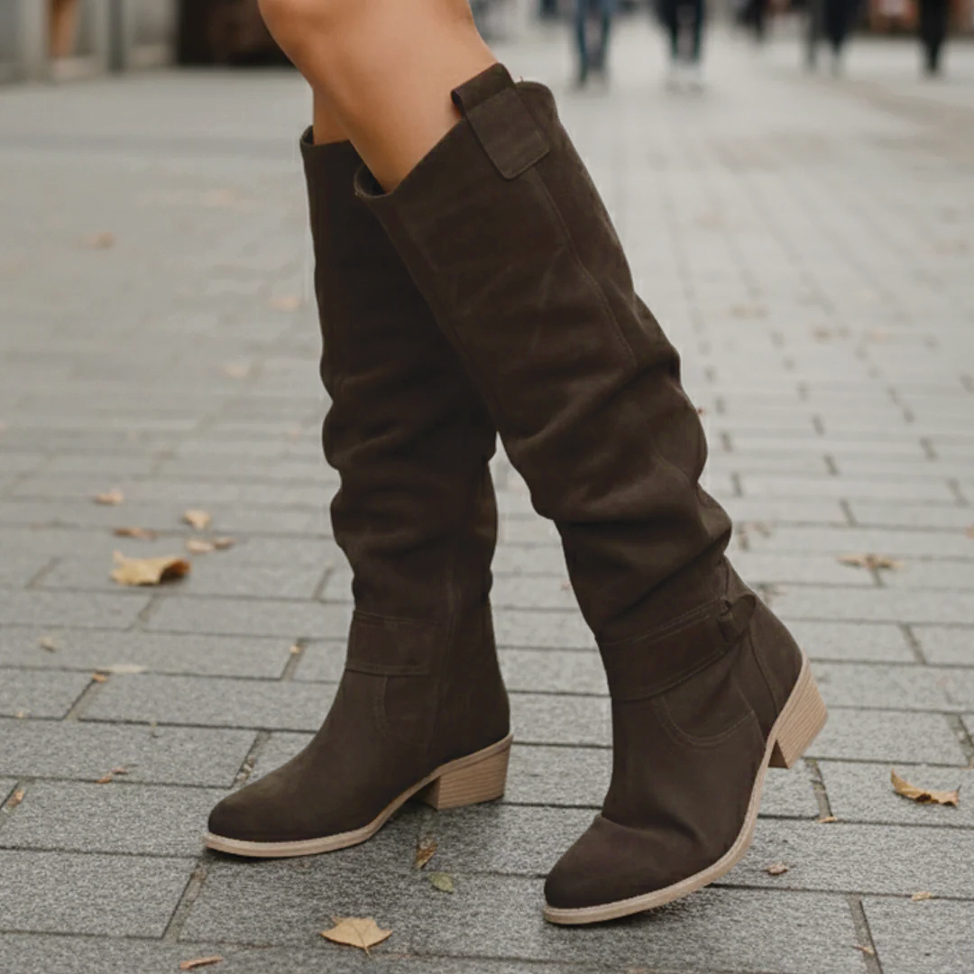 Florence | Suede Slouch Ankle Strap Block Heel Knee High Boots