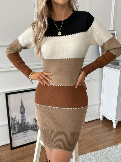 Sibyl | Colour Block Knit Jumper Dress with Contrast Stitching