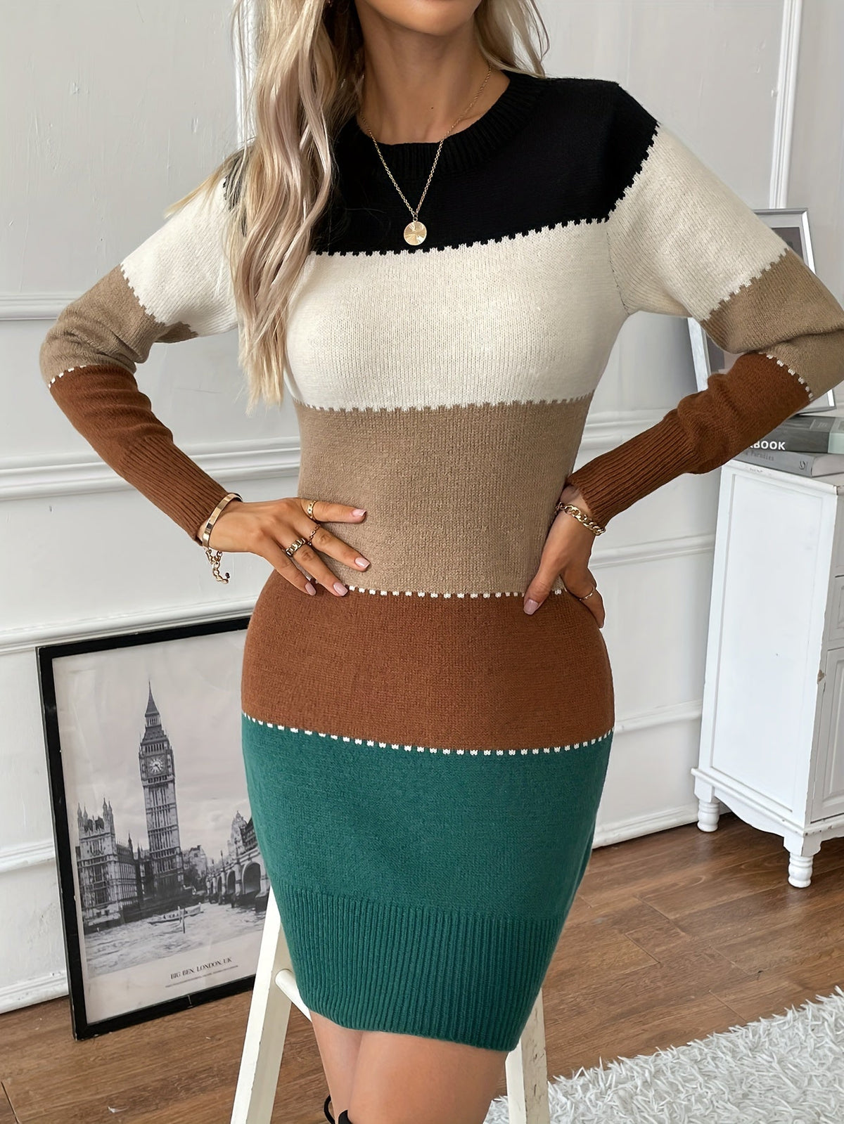 Sibyl | Colour Block Knit Jumper Dress with Contrast Stitching
