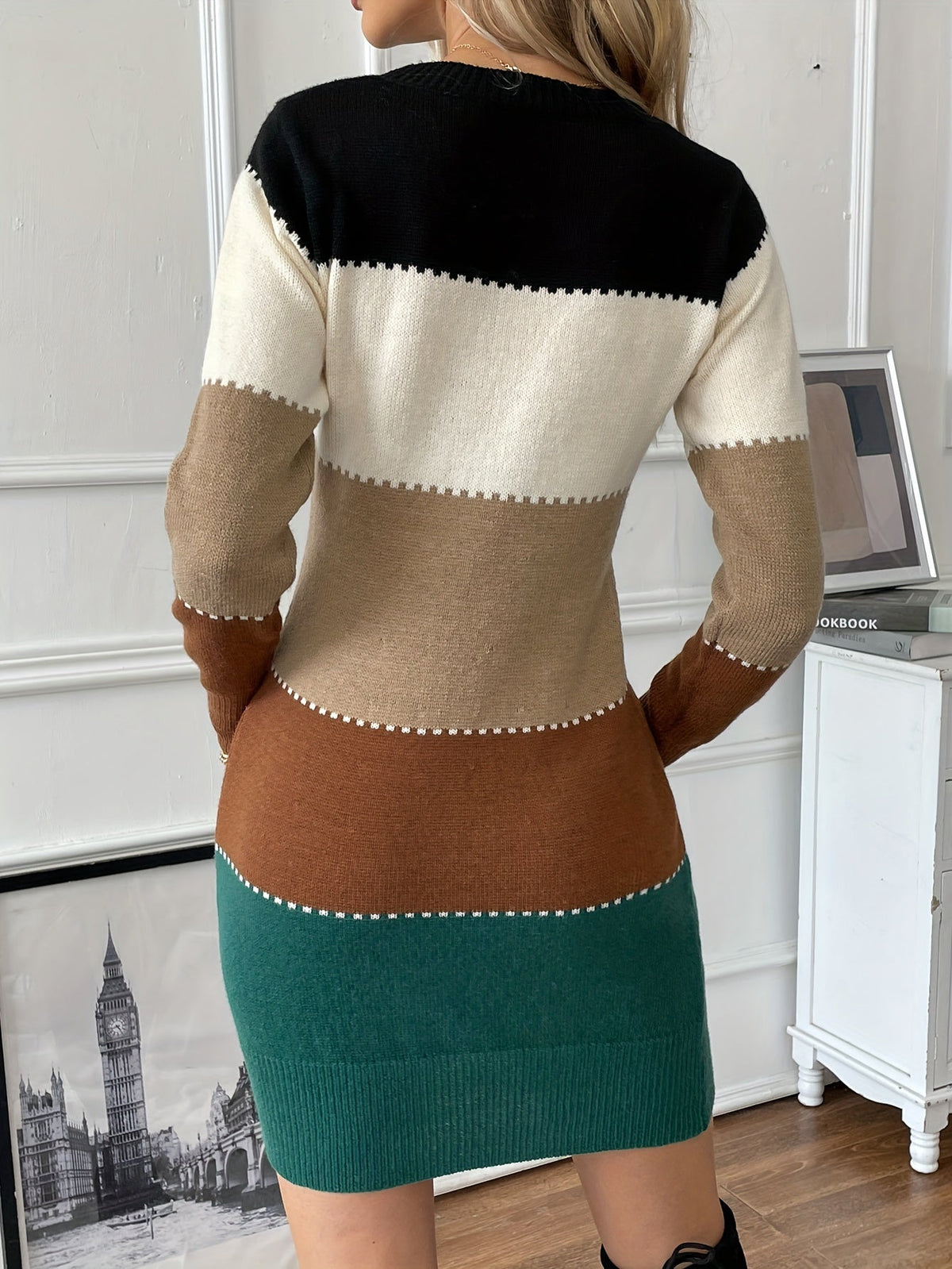 Sibyl | Colour Block Knit Jumper Dress with Contrast Stitching