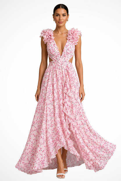 Sophie | Floral Wedding Guest V-Neck Ruffle Maxi Dress